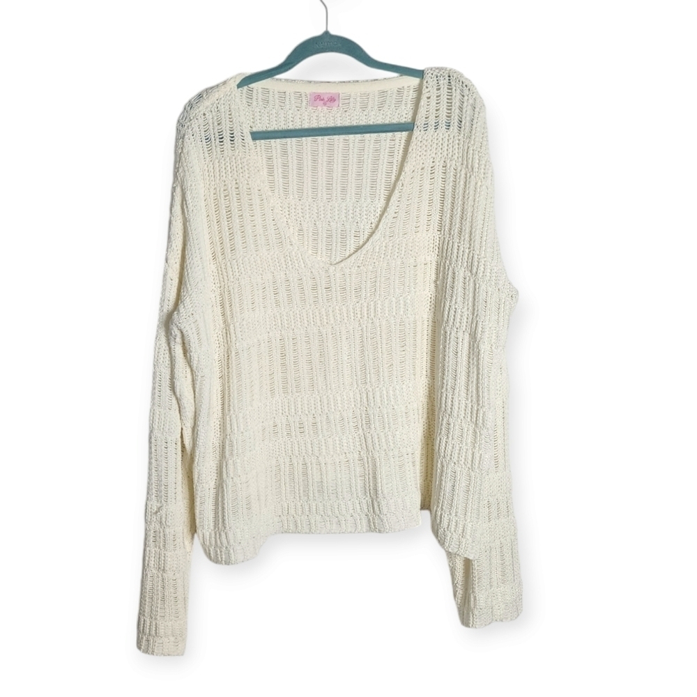 Pink Lily Women White Long Sleeve V Neck Loose Open Knit Sweater sz 2xl - Picture 2 of 6